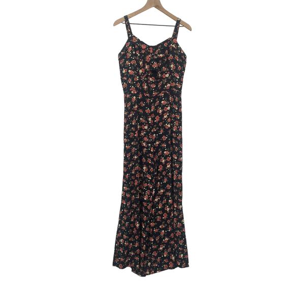 Farm Rio Jumpsuit Ditsy Floral Rose Print Wide Leg Cutout Bodice Black Womens 6 - Picture 2 of 10